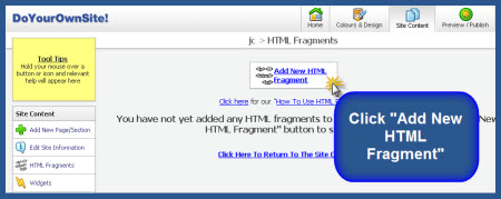 doyourownsite.co.uk - Click Add New HTML Fragment