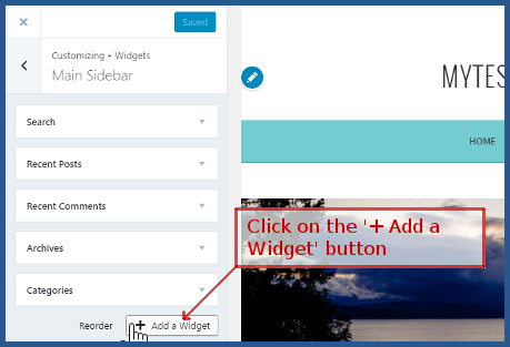 wordpress.com - Click '+ Add a widget'