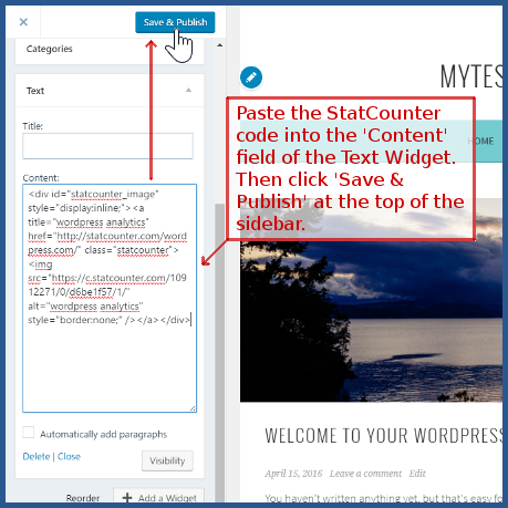 wordpress.com - Paste StatCounter code and click Save & Publish